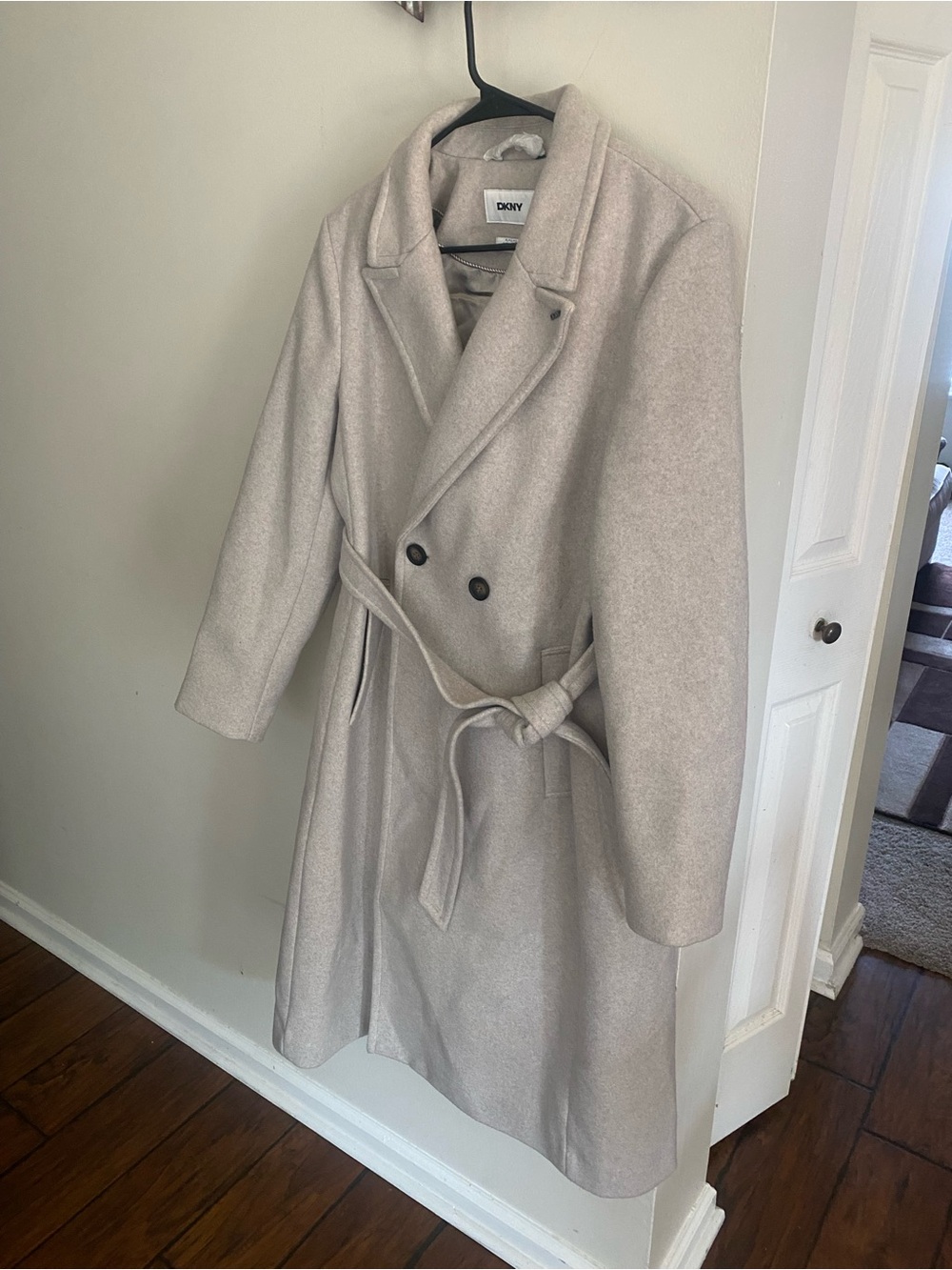 DKNY Light Beige Double-Breasted Wool Trench Coat with Belt